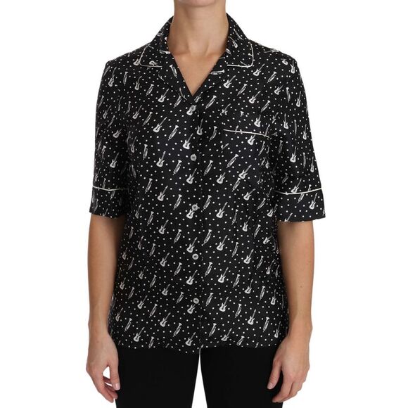 Dolce & Gabbana Music Print Silk Shirt Short Sleeve Blouse Women Black Shirts